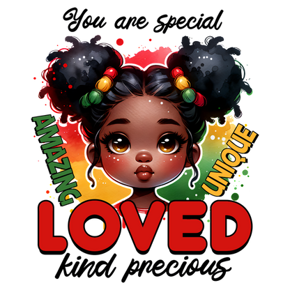 A colorful digital illustration of a girl with natural hair, featuring the words "AMAZING," "LOVED," and "UNIQUE" in vibrant letters. dtf transfers