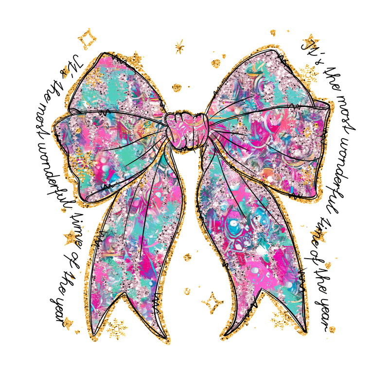 A vibrant and colorful bow adorned with a mix of pink and turquoise patterns, accented with sparkling gold glitter.DTF Transfers dtf transfers