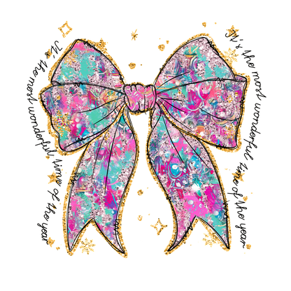 A vibrant and colorful bow adorned with a mix of pink and turquoise patterns, accented with sparkling gold glitter.DTF Transfers dtf transfers