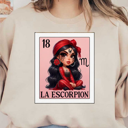 Una elegante ilustración de La Escorpión, que presenta a una niña con un traje rojo vibrante con tatuajes intrincados y rasgos expresivos.