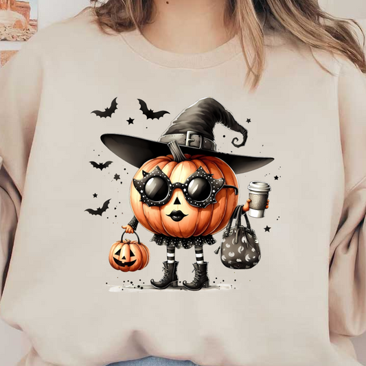 A stylish pumpkin wearing a witch hat and sunglasses, holding a coffee cup and a trick-or-treat bag. dtf transfers
