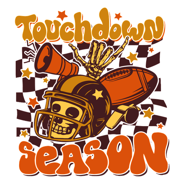 Celebre el fútbol con este divertido gráfico "Touchdown Season" que presenta una calavera, un balón de fútbol y un megáfono sobre un fondo vibrante.