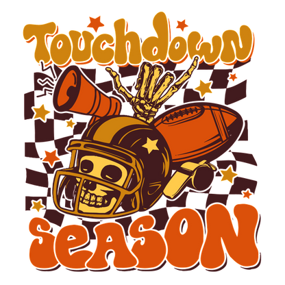 Celebre el fútbol con este divertido gráfico "Touchdown Season" que presenta una calavera, un balón de fútbol y un megáfono sobre un fondo vibrante.