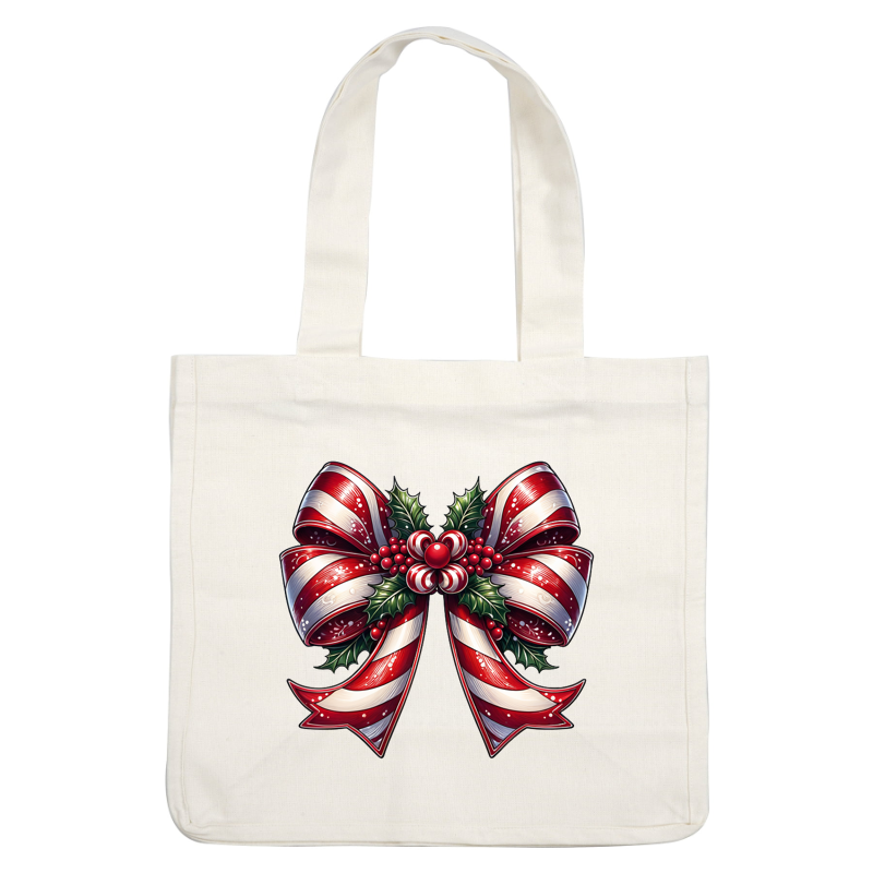 A vibrant red and white striped bow adorned with festive holly and berries, perfect for holiday decorations. dtf prints