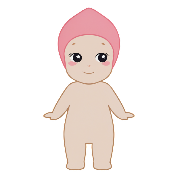 Cute cartoon baby character with a pink cap and smiling face, featuring large eyes and rosy cheeks, perfect for children's themes.DTF Transfers dtf transfers