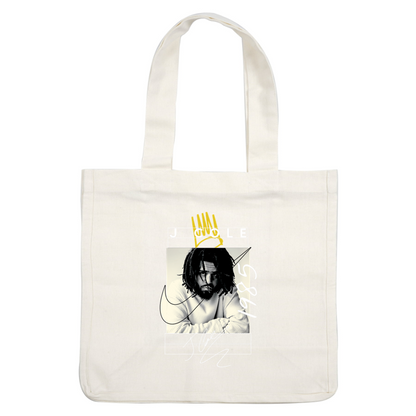 A striking graphic of J. Cole featuring a black and white portrait, vibrant yellow crown, and stylish text elements.DTF Transfers heat press transfers