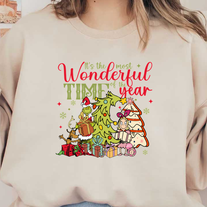 Celebrate the holiday spirit with this whimsical design featuring the Grinch, festive trees, gifts, and cheerful characters!DTF Transfers dtf prints