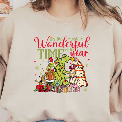 Celebrate the holiday spirit with this whimsical design featuring the Grinch, festive trees, gifts, and cheerful characters!DTF Transfers dtf prints