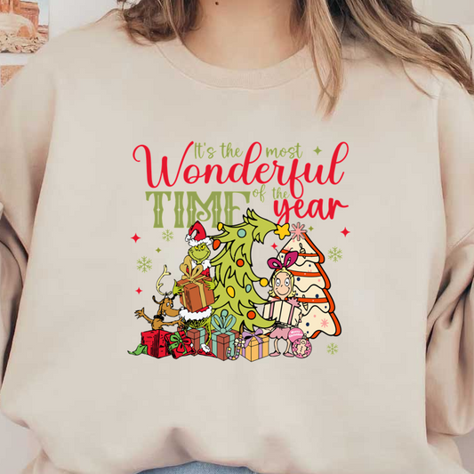 Celebrate the holiday spirit with this whimsical design featuring the Grinch, festive trees, gifts, and cheerful characters!DTF Transfers dtf prints