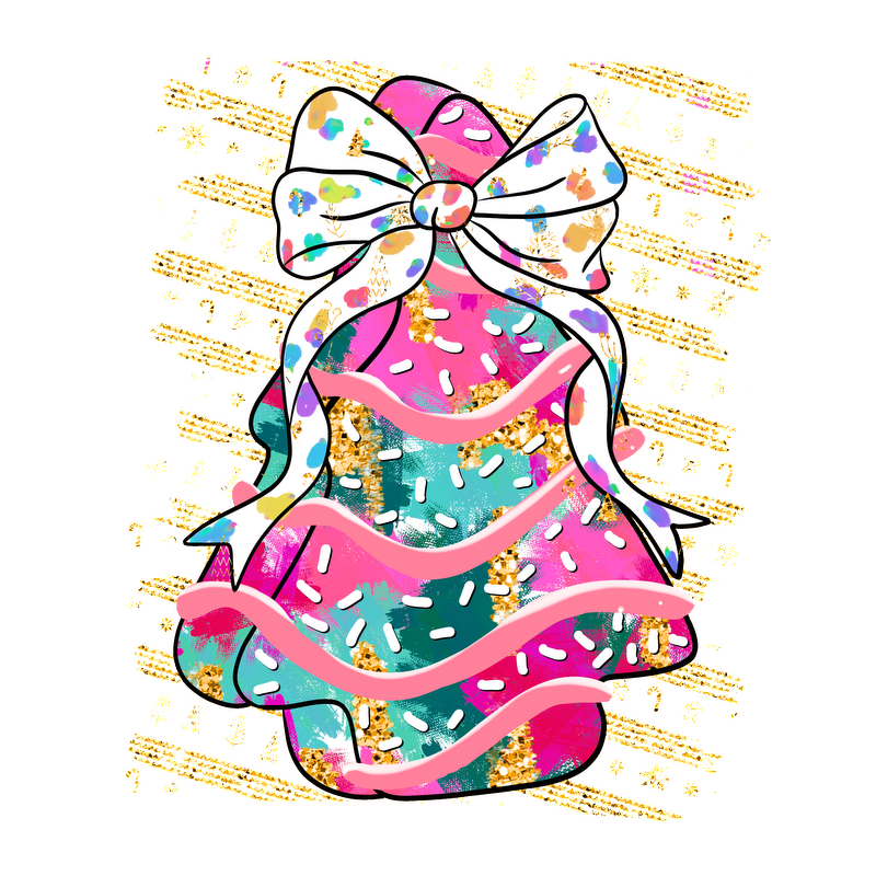 A vibrant, colorful illustration of a cake adorned with a large bow and playful sprinkles, perfect for festive celebrations!DTF Transfers dtf transfers