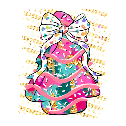 A vibrant, colorful illustration of a cake adorned with a large bow and playful sprinkles, perfect for festive celebrations!DTF Transfers dtf transfers