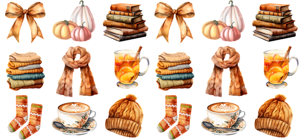 A cozy autumn collection featuring pumpkins, books, scarves, warm drinks, and stylish accessories like hats and socks.UV Transfersdtf regular iron