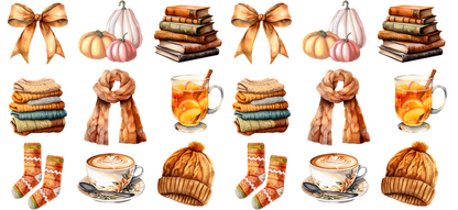 A cozy autumn collection featuring pumpkins, books, scarves, warm drinks, and stylish accessories like hats and socks.UV Transfersdtf regular iron