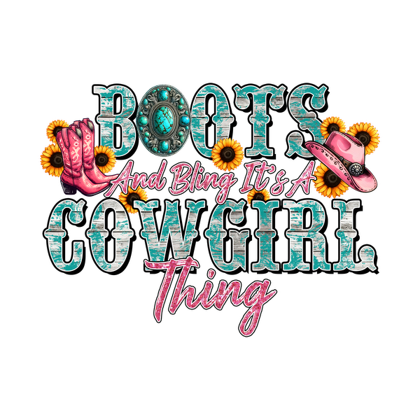 A vibrant design featuring cowboy boots and a pink hat, celebrating the fun spirit of cowgirl culture with flowers and bling. dtf prints