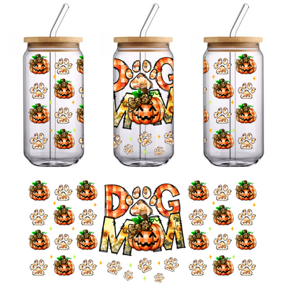 A vibrant design featuring "DOG MOM" surrounded by playful pumpkins and paw prints, perfect for dog lovers this fall.UV Transfers dtf transfers