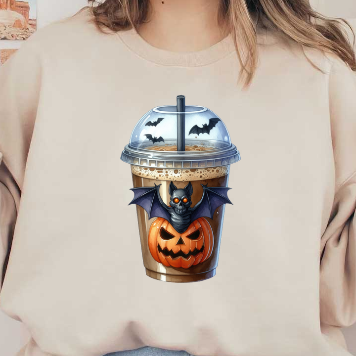 A spooky Halloween-themed beverage featuring a bat perched on a jack-o'-lantern, complete with a straw and eerie designs. dtf prints