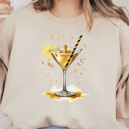 A vibrant cocktail in a martini glass, garnished with a lemon slice and a pyramid ice cube, set against festive confetti.DTF Transfers