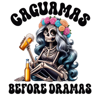 Una ilustración caprichosa de un esqueleto con cabello azul suelto y corona de flores, sosteniendo botellas de cerveza y la frase "Caguamas antes de los dramas".