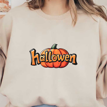 A vibrant Halloween design featuring the word "Halloween" in bold lettering alongside a cheerful orange pumpkin. dtf prints