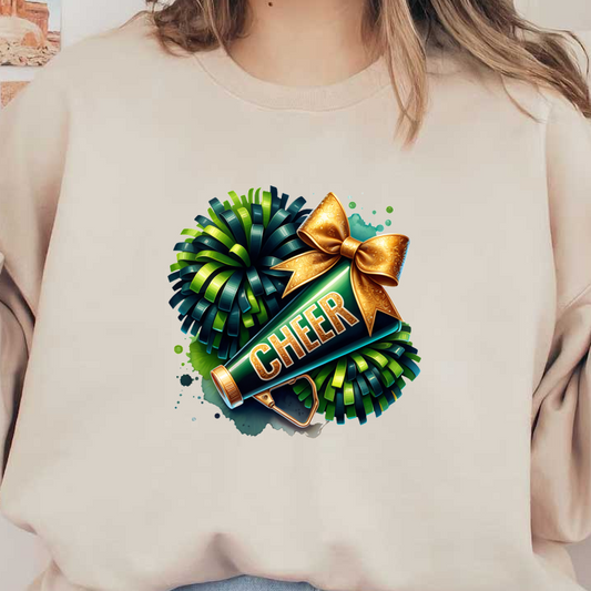 A vibrant cheerleader's megaphone adorned with a golden bow, surrounded by lively green pom-poms, perfect for celebrating events!DTF Transfers dtf prints