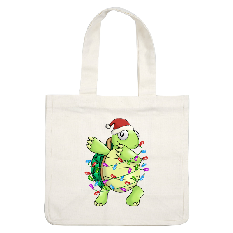 A cheerful cartoon turtle wearing a Santa hat and wrapped in colorful holiday lights, ready to celebrate the season! heat press transfers