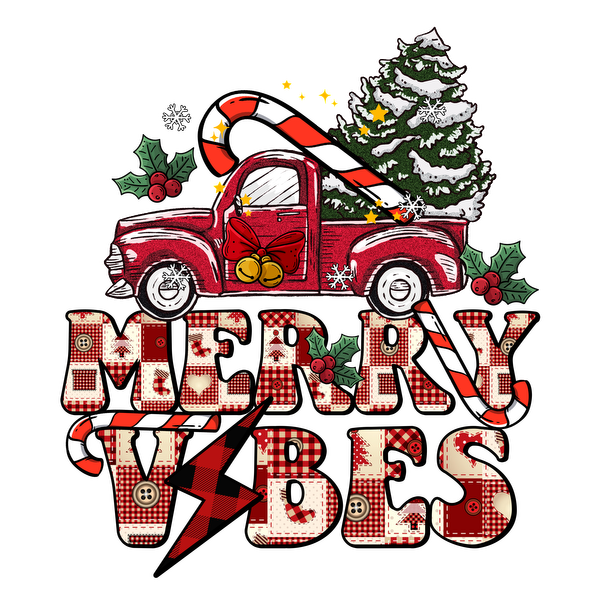 ¡Celebre el espíritu navideño con este diseño festivo que presenta un camión rojo, un árbol de Navidad y el alegre texto "Merry Vibes"!