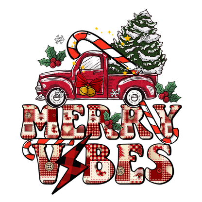 ¡Celebre el espíritu navideño con este diseño festivo que presenta un camión rojo, un árbol de Navidad y el alegre texto "Merry Vibes"!