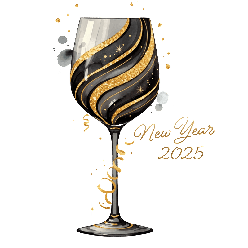 Celebrate in style with this elegant black and gold New Year 2025 champagne glass, adorned with sparkling swirls and stars!DTF Transfers