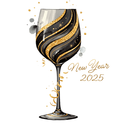 Celebrate in style with this elegant black and gold New Year 2025 champagne glass, adorned with sparkling swirls and stars!DTF Transfers