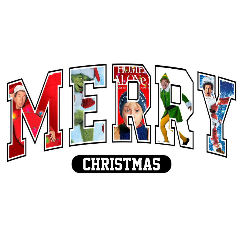 A festive "MERRY" collage featuring iconic scenes and characters from classic holiday movies, celebrating the joy of Christmas.DTF Transfersdtf regular iron