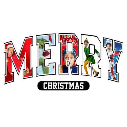 A festive "MERRY" collage featuring iconic scenes and characters from classic holiday movies, celebrating the joy of Christmas.DTF Transfersdtf regular iron