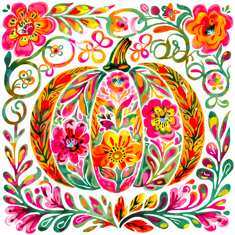 A vibrant, floral-patterned pumpkin surrounded by colorful leaves and flowers.DTF Transfers