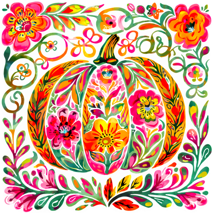 A vibrant, floral-patterned pumpkin surrounded by colorful leaves and flowers.DTF Transfers