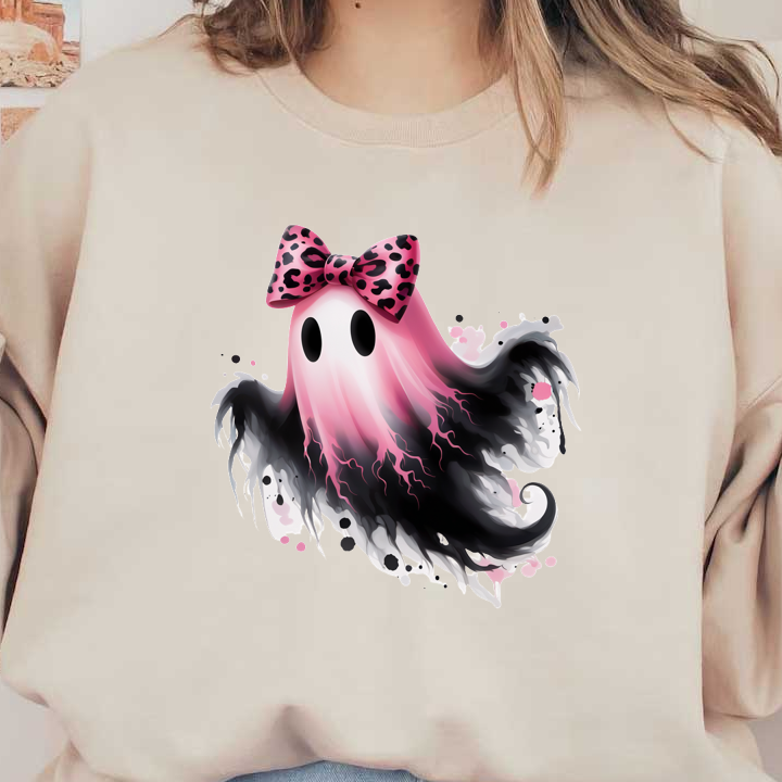 Un lindo personaje fantasma con un lazo con estampado de leopardo rosa, que presenta una combinación de colores rosa y negro para una apariencia divertida.