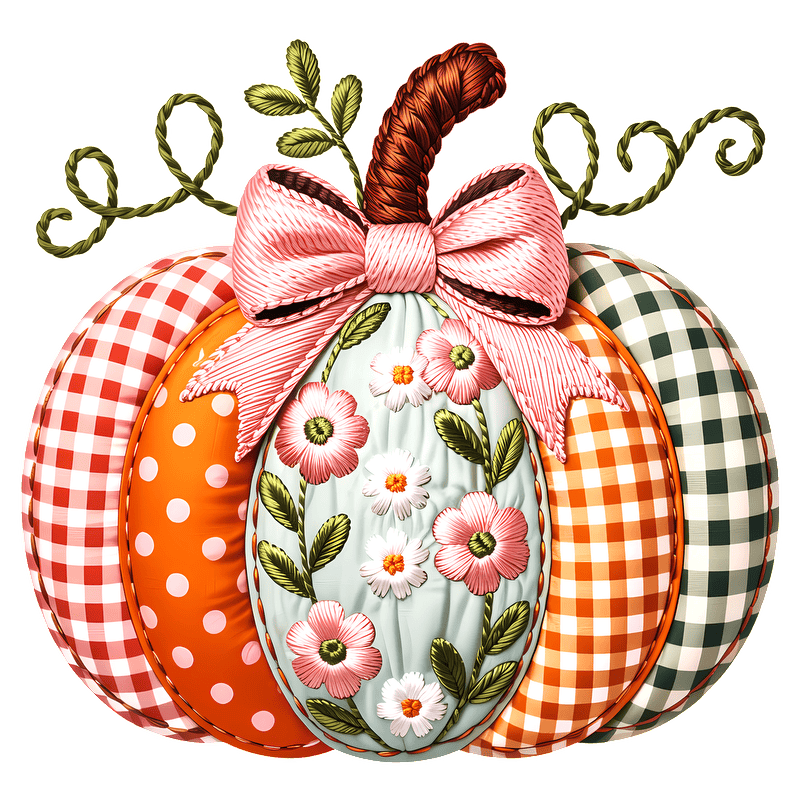 Charming decorative pumpkin featuring floral patterns and vibrant fabrics with ribbon.DTF Transfers