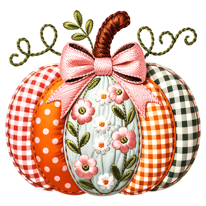 Charming decorative pumpkin featuring floral patterns and vibrant fabrics with ribbon.DTF Transfers
