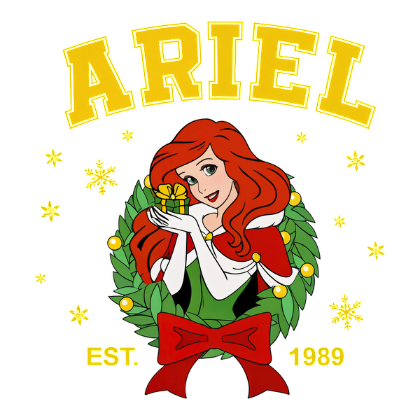 A festive design featuring Ariel with a gift, surrounded by a wreath and stars, celebrating her 1989 debut.DTF Transfers heat press transfersdtf regular iron