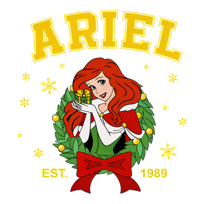 A festive design featuring Ariel with a gift, surrounded by a wreath and stars, celebrating her 1989 debut.DTF Transfers heat press transfersdtf regular iron