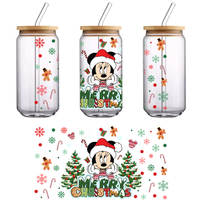 Celebrate the festive spirit with this cheerful "Merry Christmas" design featuring Minnie Mouse, decorated trees, and holiday treats!UV Transfersdtf regular iron