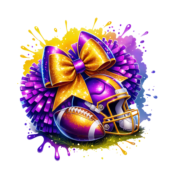 A vibrant illustration featuring a purple football helmet, a football, and a large decorative bow with colorful pom-poms.DTF Transfers dtf prints