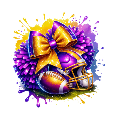 A vibrant illustration featuring a purple football helmet, a football, and a large decorative bow with colorful pom-poms.DTF Transfers dtf prints