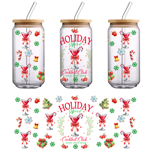 Festive holiday cocktail party design featuring vibrant cocktails, candy canes, Christmas trees, and colorful decorations. Perfect for a cheerful celebration!UV Transfersdtf regular iron