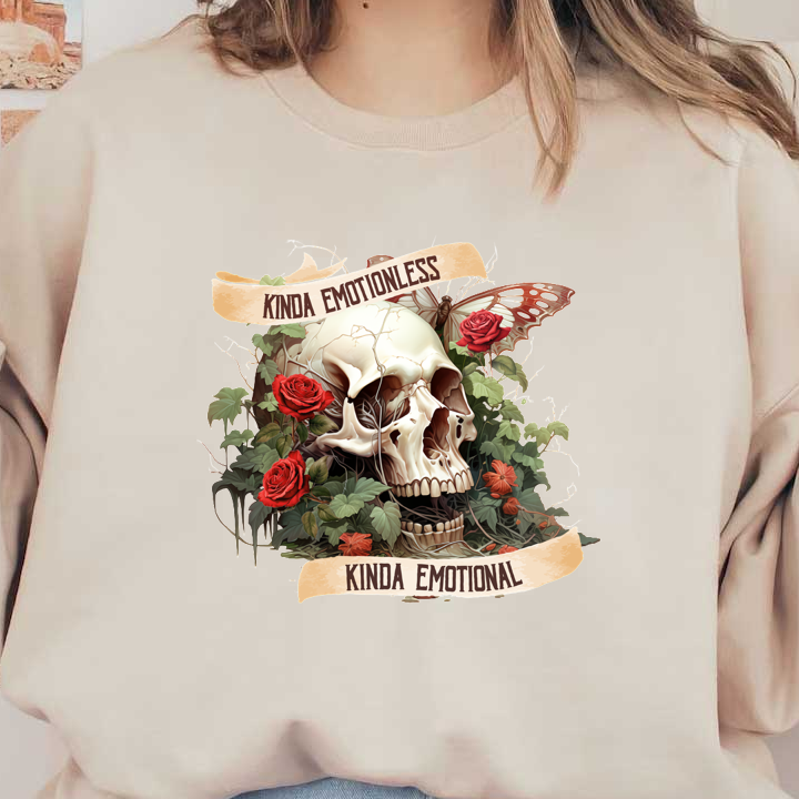 Una calavera ilustrada de forma creativa rodeada de rosas vibrantes y follaje, con la frase "Kinda Emotional, Kinda Emotional" (Un poco sin emociones, un poco emocional).