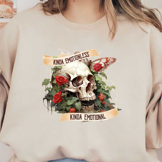 Una calavera ilustrada de forma creativa rodeada de rosas vibrantes y follaje, con la frase "Kinda Emotional, Kinda Emotional" (Un poco sin emociones, un poco emocional).