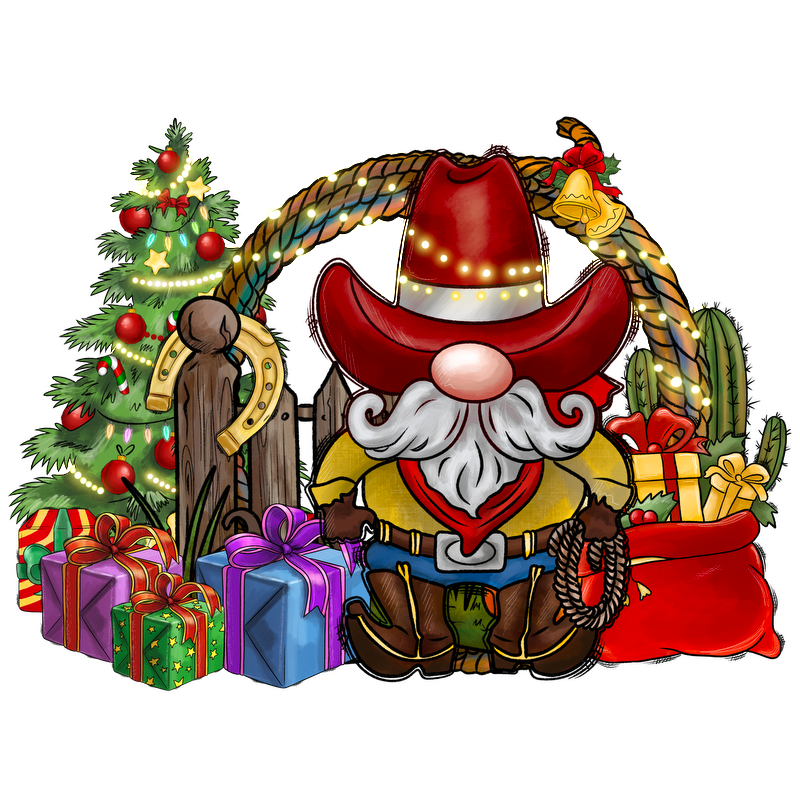 A cheerful cowboy gnome stands surrounded by colorful holiday gifts, a festive Christmas tree, and playful decorations, capturing the holiday spirit.DTF Transfersdtf regular iron dtf transfers