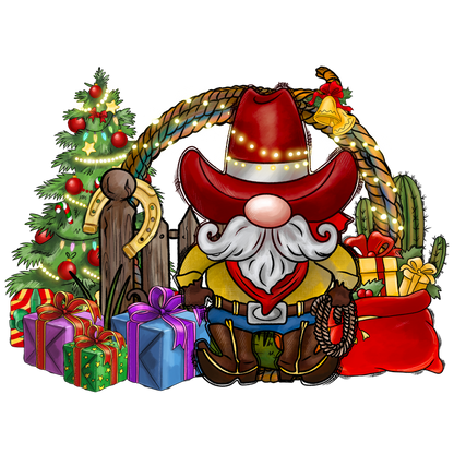 A cheerful cowboy gnome stands surrounded by colorful holiday gifts, a festive Christmas tree, and playful decorations, capturing the holiday spirit.DTF Transfersdtf regular iron dtf transfers