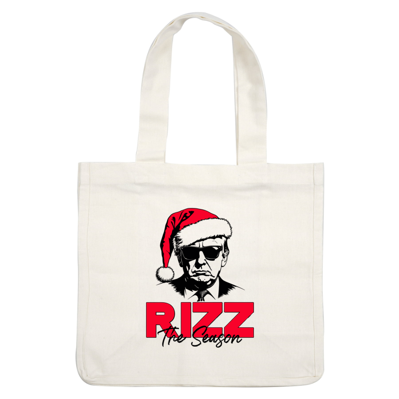 A bold graphic featuring a stylized figure in a red Santa hat, paired with the bold title "RIZZ the Savior" in striking red.DTF Transfersdtf regular irondtf regular iron