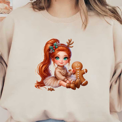 A whimsical holiday-themed illustration of a girl with long red hair, festive attire, and a charming gingerbread cookie.DTF Transfers dtf prints