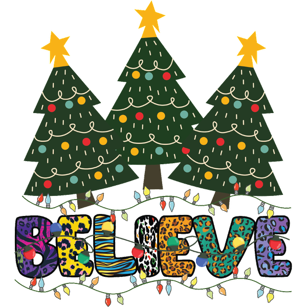 Celebrate the holiday spirit with vibrant Christmas trees and colorful "BELIEVE" lettering, adorned with festive lights and patterns. heat press transfers