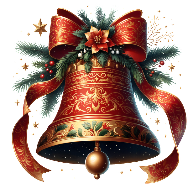 A beautifully decorated red Christmas bell adorned with festive greenery, a large bow, and intricate gold patterns. dtf transfers